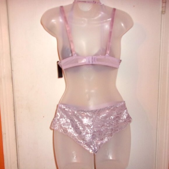 Youmita 32B Seafog Metallic Lace Bra & Small Caged Coordinating Boyshort NWT - Picture 8 of 10